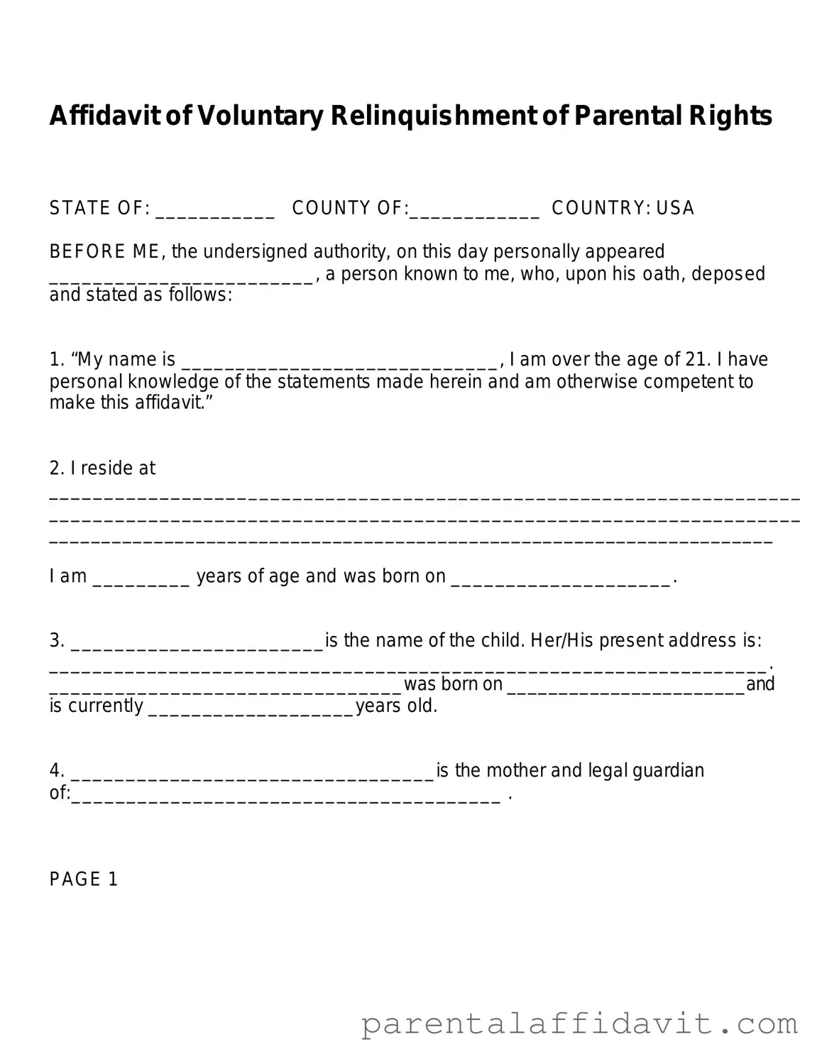 Printable Affidavit Parental Rights Form in PDF